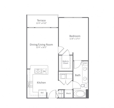 Floor plan for 1 bed, 1 bath, 756 sqft